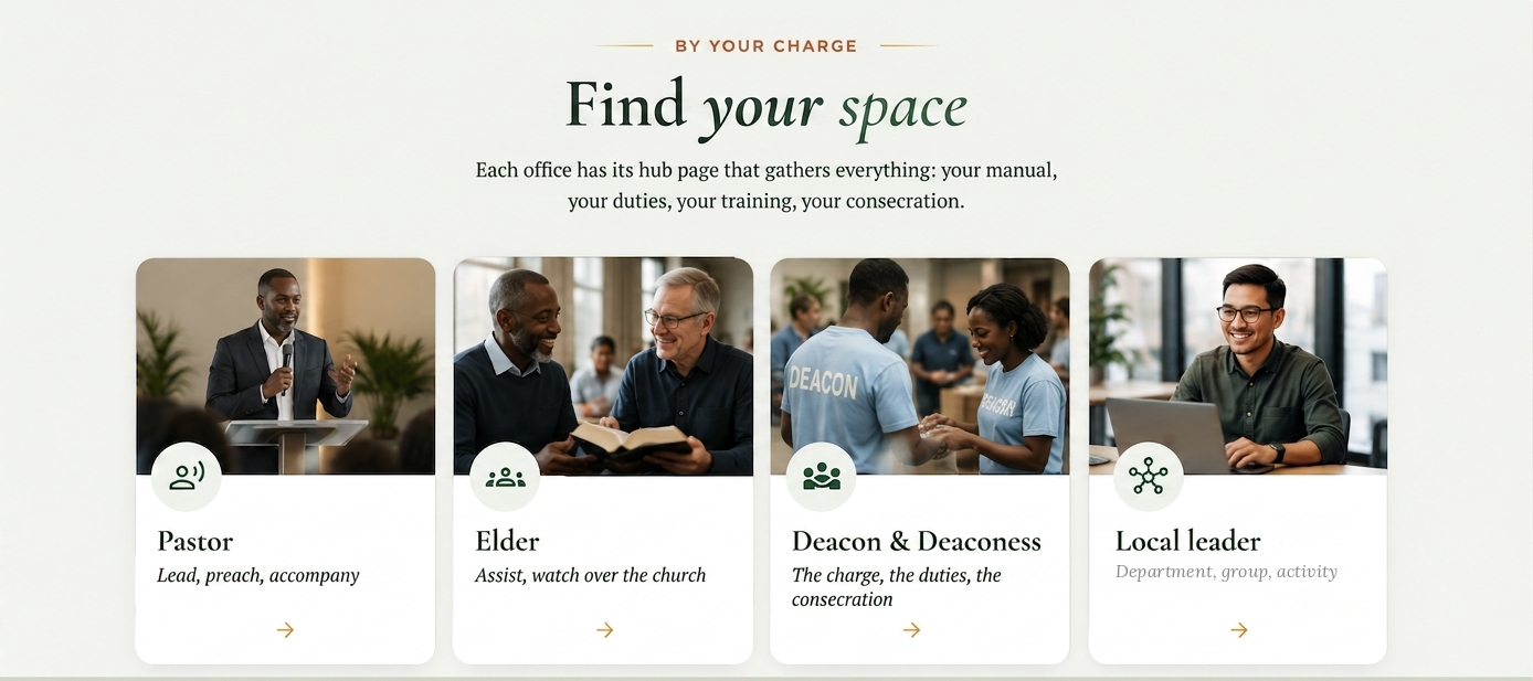 Find your space: Pastor, Elder, Deacon and Deaconess, Local leader