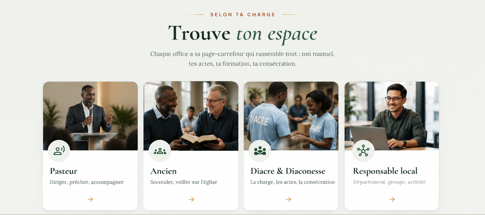 Trouve ton espace : Pasteur, Ancien, Diacre et Diaconesse, Responsable local