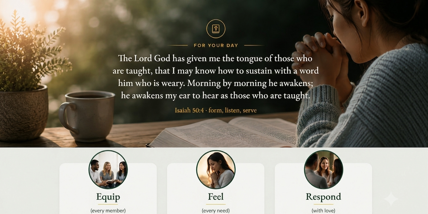For your day: Isaiah 50:4 · form, listen, serve. Equip, Feel, Respond