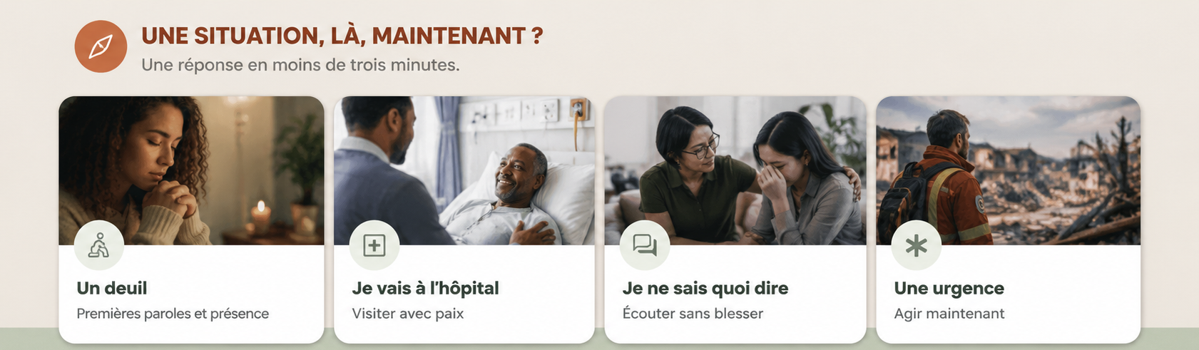 Une situation maintenant : Un deuil, Je vais à l'hôpital, Je ne sais quoi dire, Une urgence