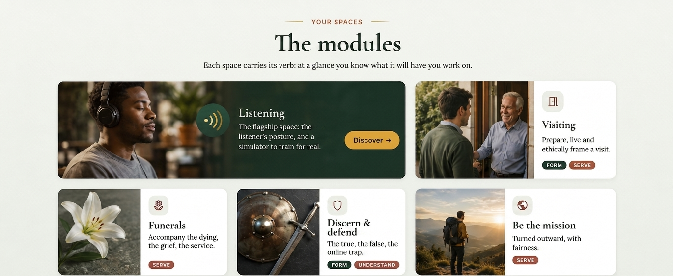 The modules: Listening, Visiting, Funerals, Discern, Be the mission