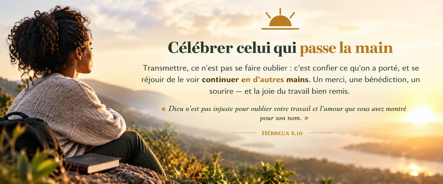 Célébrer celui qui passe la main — transmettre, ce n'est pas se faire oublier ; un merci, une bénédiction, et la joie du travail bien remis. « Dieu n'est pas injuste pour oublier votre travail et l'amour que vous avez montré pour son nom » (Hébreux 6.10).