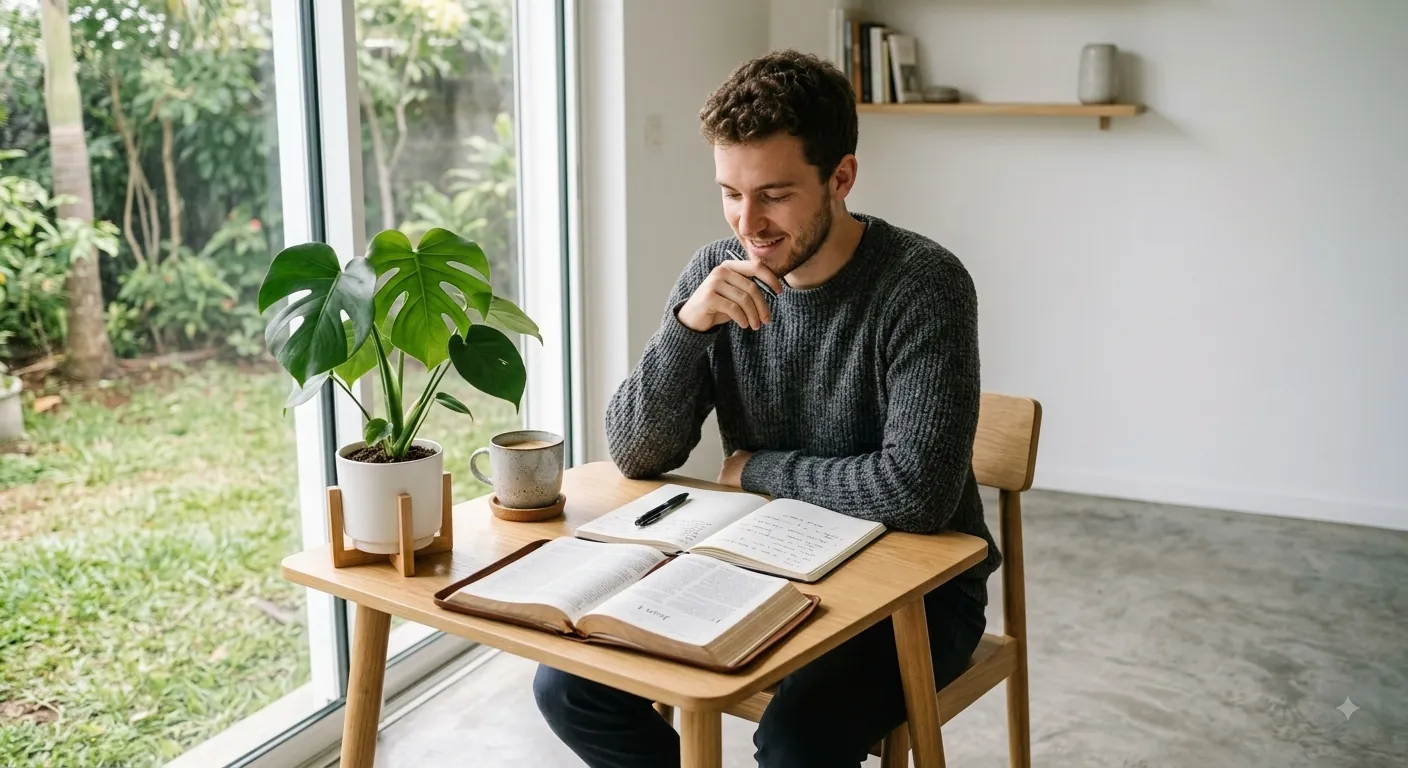 Une personne médite la Bible seule, à la lumière d'une fenêtre.