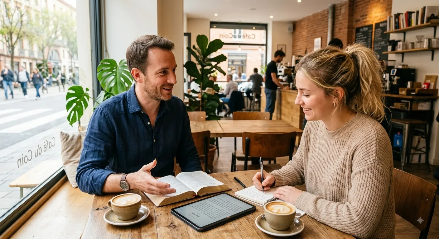 Un mentor et un jeune adulte étudient la Bible ensemble dans un café.