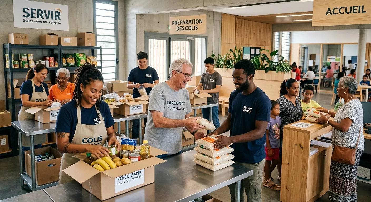 Des bénévoles préparent et distribuent des colis alimentaires.