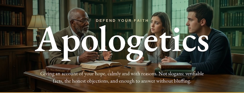Apologetics · Defend your faith — Giving an account of your hope, calmly and with reasons. Not slogans: verifiable facts, the honest objections, and enough to answer without bluffing.